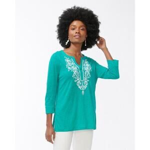 Chico's 100% Linen Embroidered V-Neck Tunic Tropical Jade Size 0 Small NWT‎